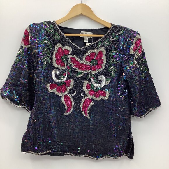 Vintage 80s Elegance by Anujan Black Silk Sequin Floral Blouse Medium NEW - Picture 2 of 7